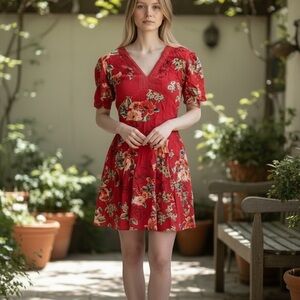 Band of Gypsies Red Floral V-Neck Mini Dress